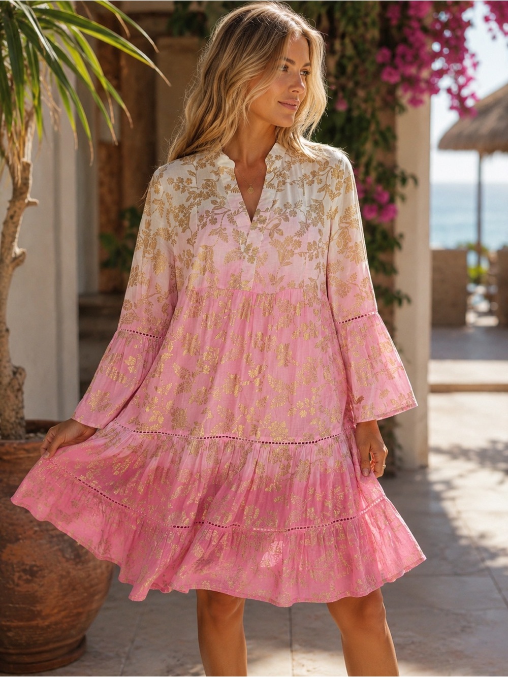 Debbie Katz Saskia Dress ✨ Pink Ombré Gold Block Print Resort Boho Goddess